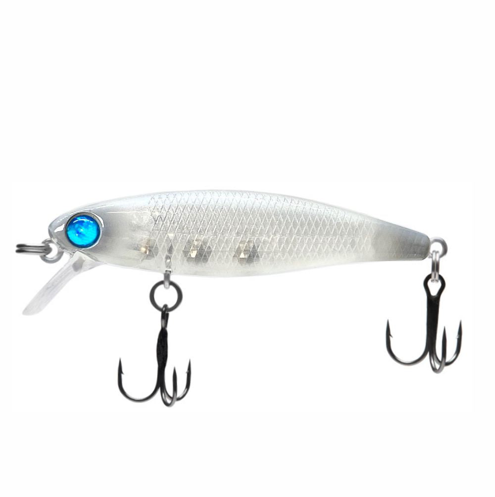 Fishing lure with a shiny silver body and blue eye on a white background