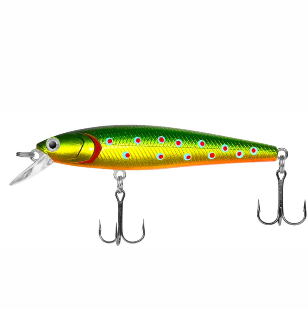 Colorful fishing lure with treble hooks on a white background