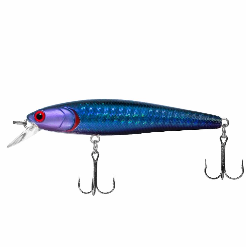 Blue and purple fishing lure with treble hooks on a white background