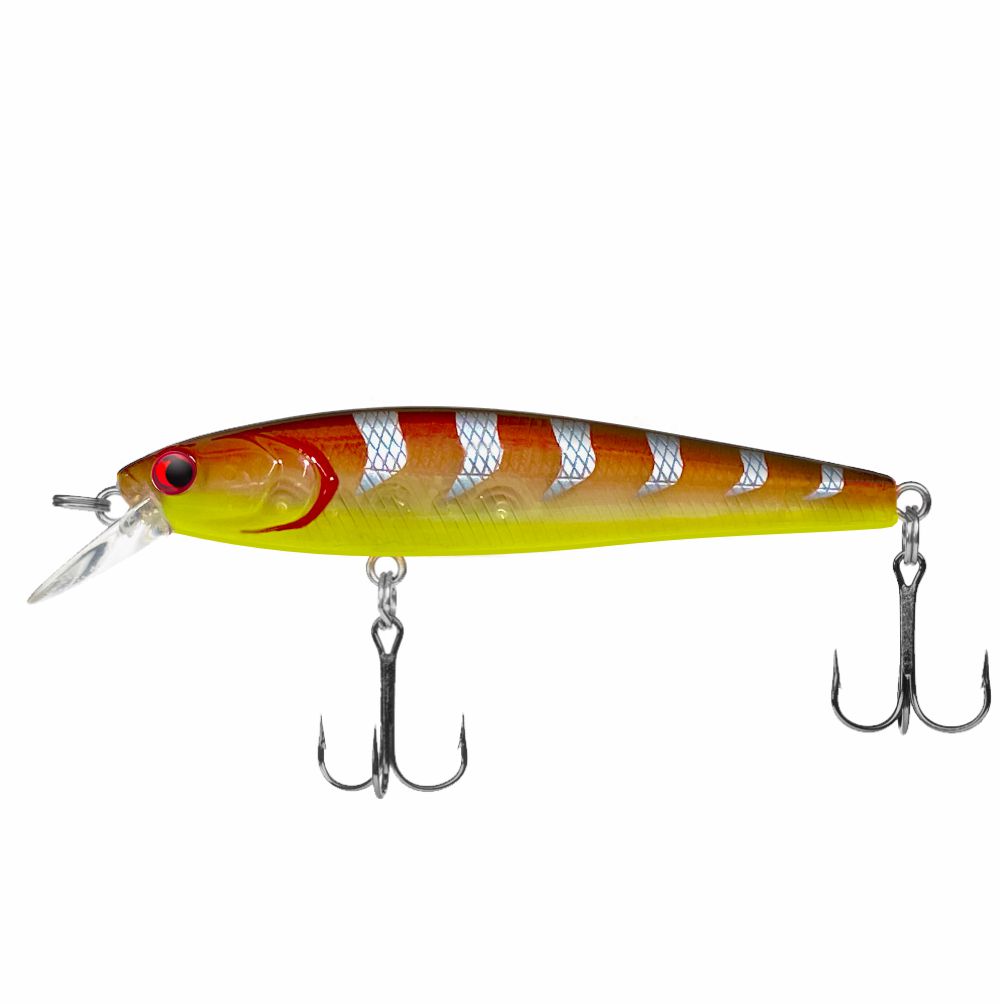 Fishing lure with a striped pattern on a white background