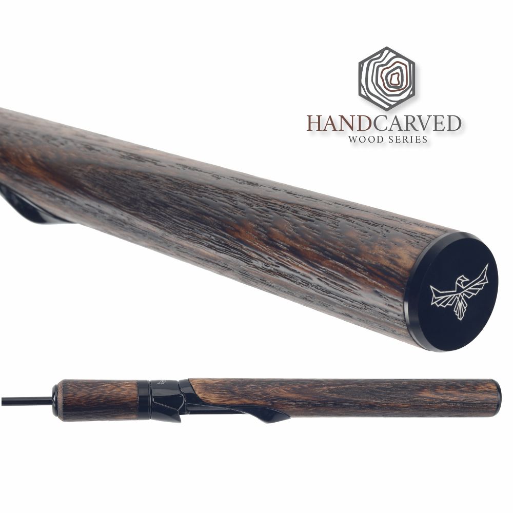 Handcarved wooden rifle stock with 'Handcarved Wood Series' branding on a white background.