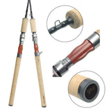 Fishing rod with wooden handle and close-up details on a white background