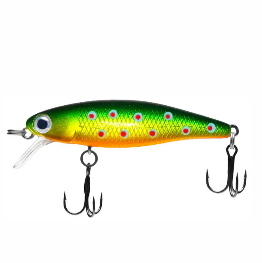 Fishing lure with a green and yellow body and red spots on a white background