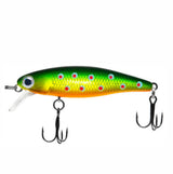Fishing lure with a green and yellow body and red spots on a white background