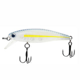 Fishing lure with a white body, yellow stripe, and three hooks on a white background