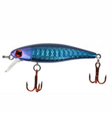 Blue and purple fishing lure with treble hooks on a white background