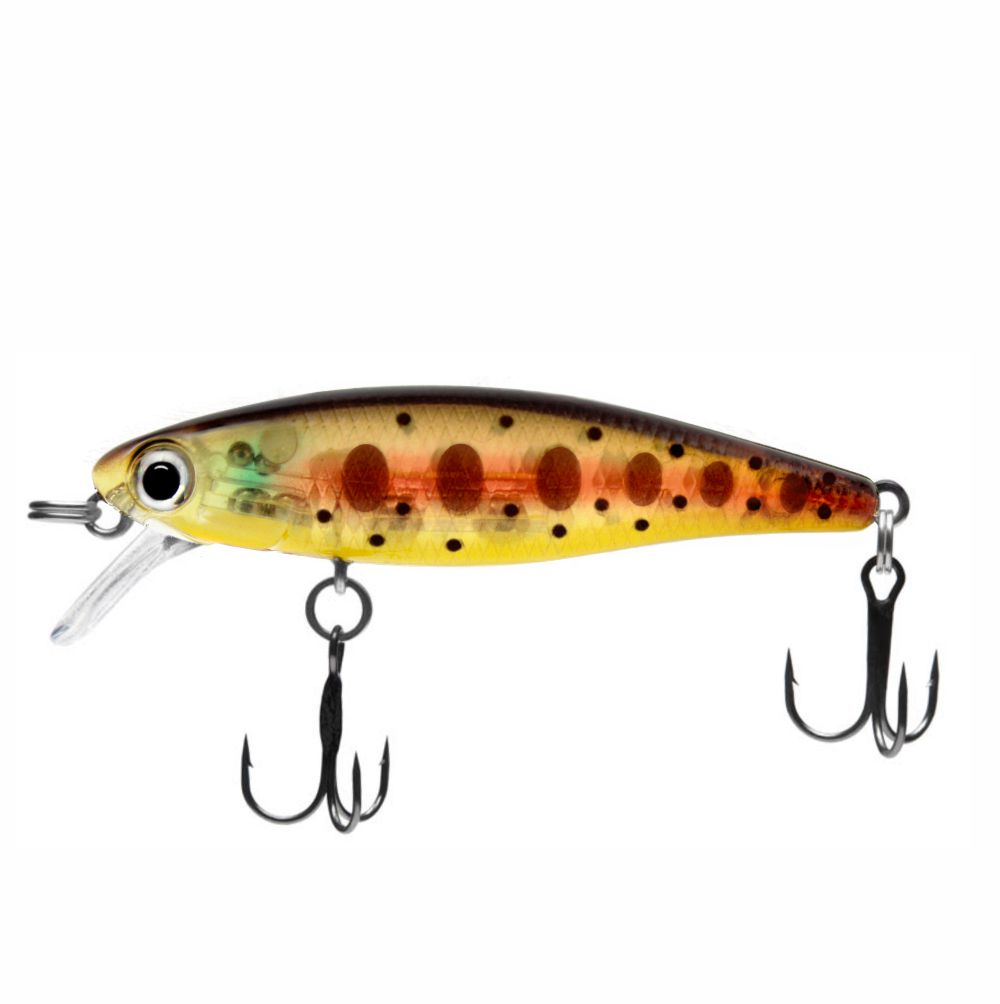 Fishing lure with a multicolored body and treble hooks on a white background
