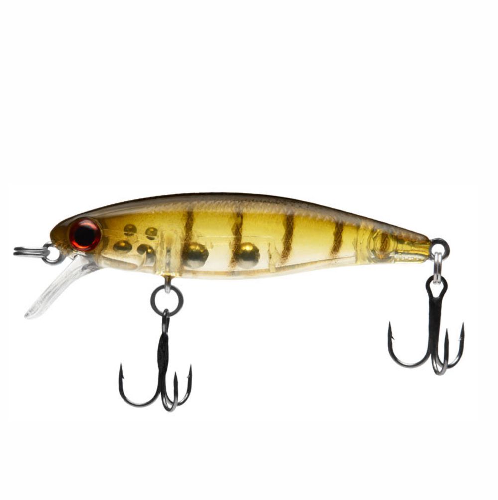 Fishing lure with a striped body and treble hooks on a white background