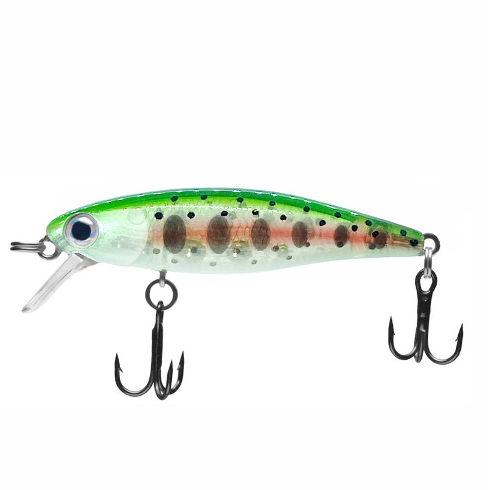Fishing lure with a green and brown pattern on a white background