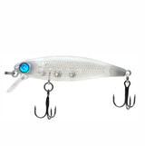 Fishing lure with a shiny silver body and blue eye on a white background