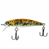 Fishing lure with a colorful body and treble hooks on a white background
