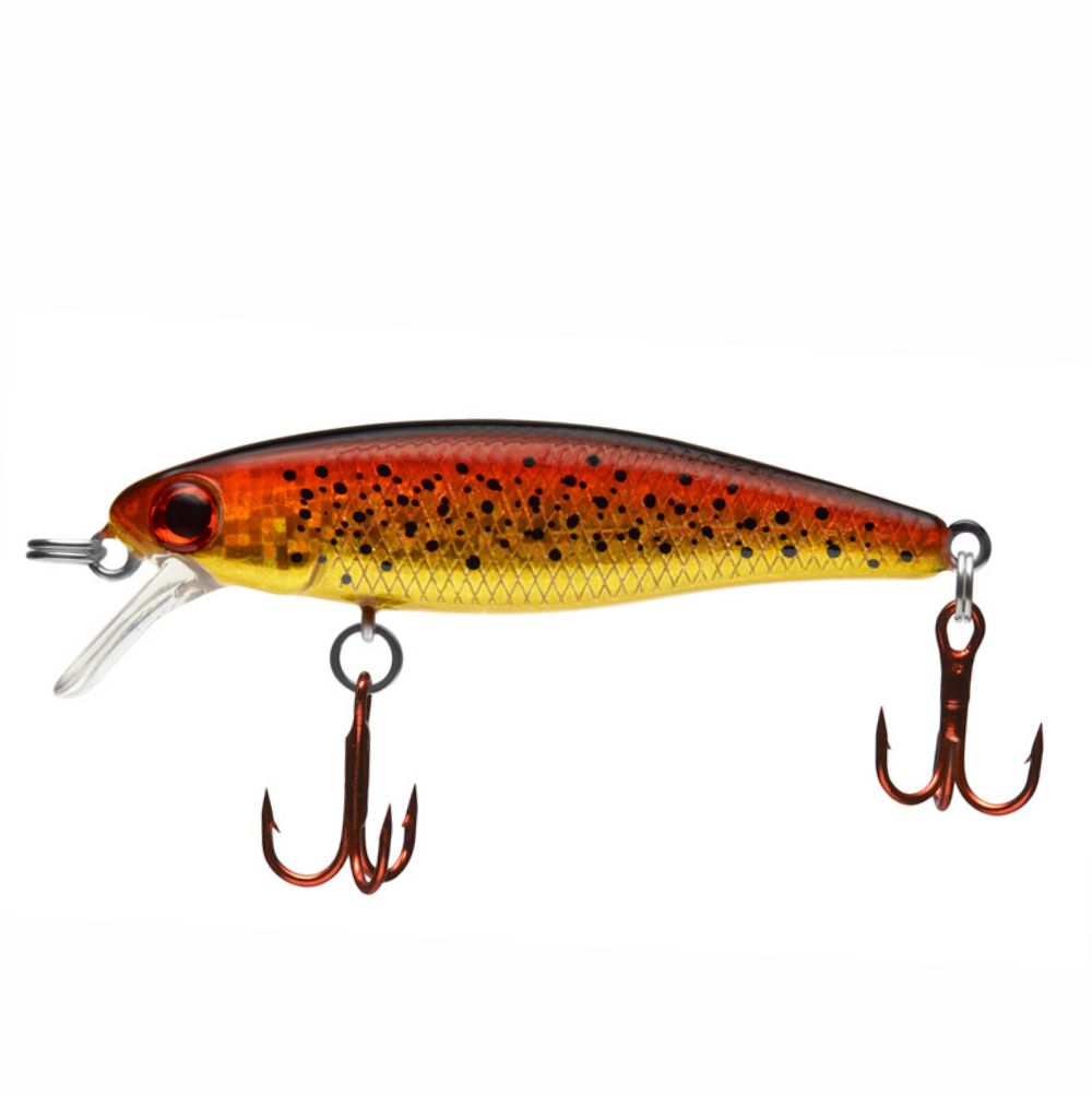 Fishing lure with a red and yellow body on a white background