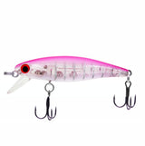 Pink and clear fishing lure with a red eye on a white background