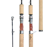 Two fishing rods with wooden handles and red accents on a white background