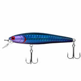 Blue and purple fishing lure with treble hooks on a white background