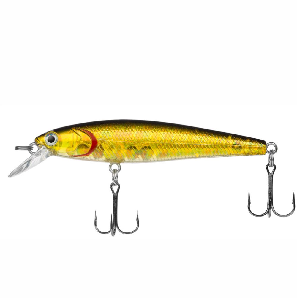 Yellow fishing lure with treble hooks on a white background