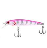 Pink and silver fishing lure with treble hooks on a white background
