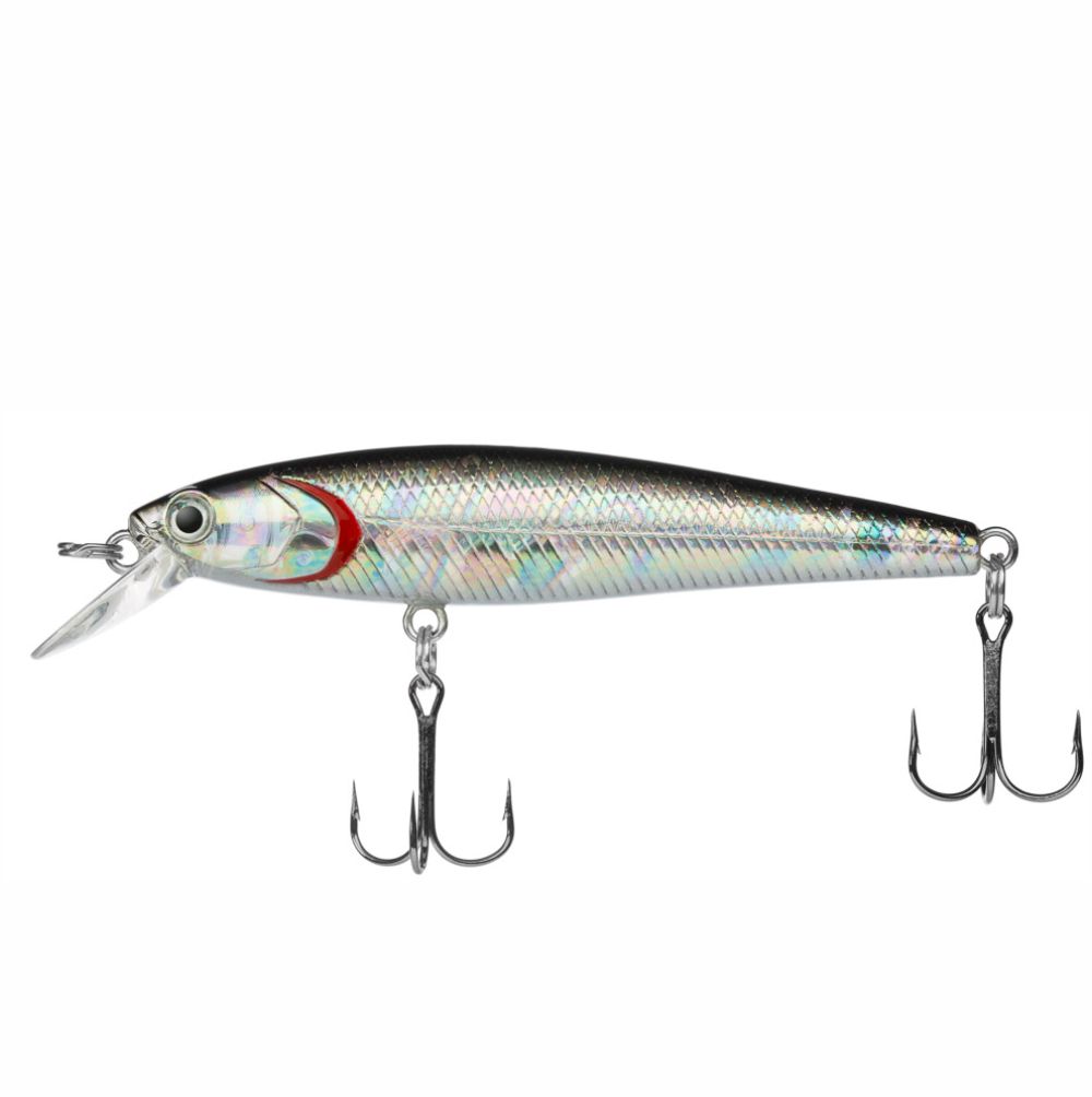 Fishing lure with metallic body and treble hooks on a white background