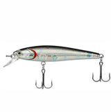 Fishing lure with metallic body and treble hooks on a white background
