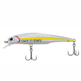 Fishing lure with a white body, yellow stripe, and three hooks on a white background