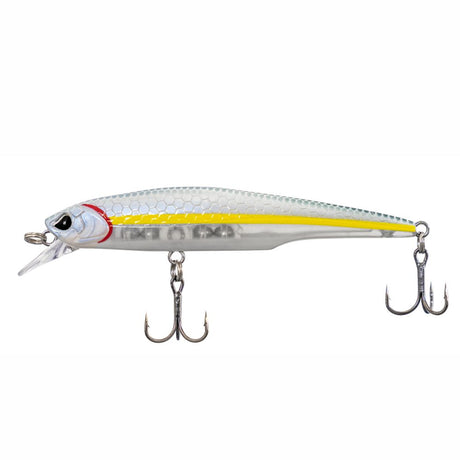 Fishing lure with a white body, yellow stripe, and three hooks on a white background