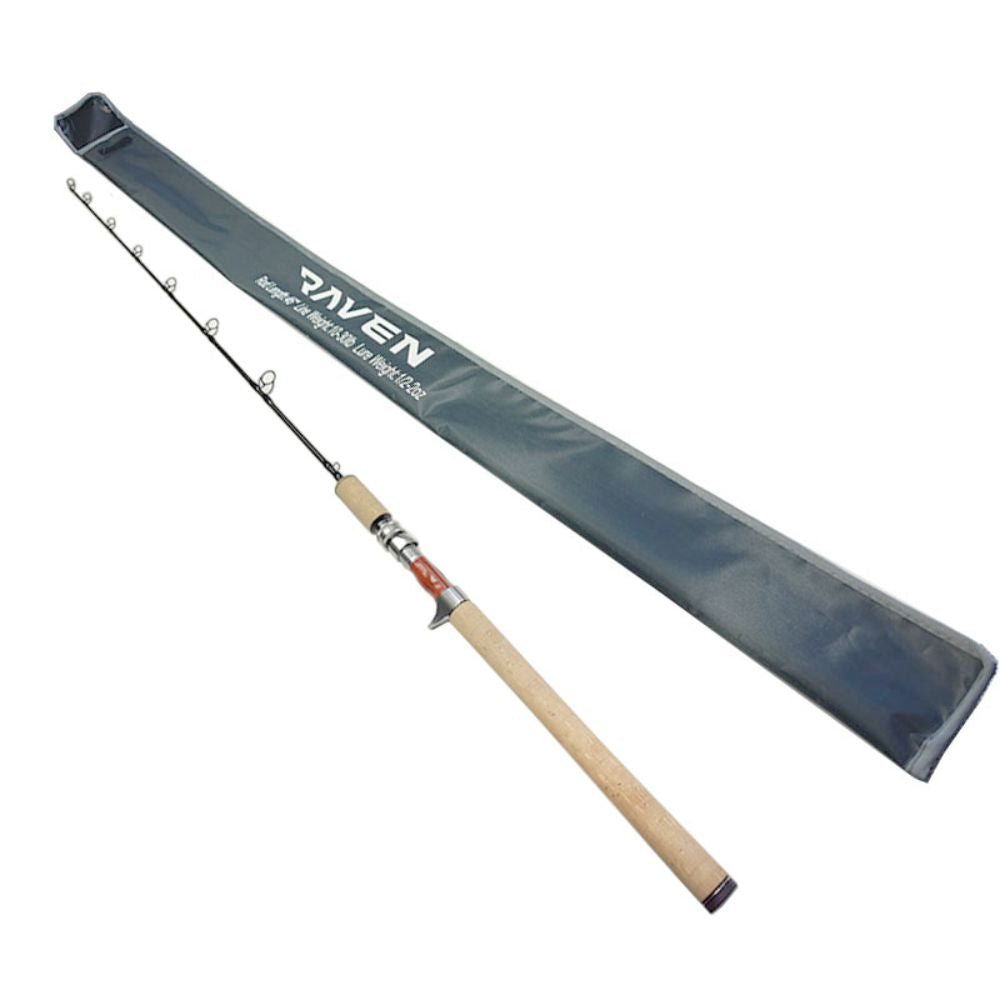 Fishing rod with a carrying case on a white background, featuring the brand 'Raven'.