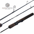 Fishing rod with wooden handle and black components on a white background, featuring 'Handcarved Wood Series' branding.