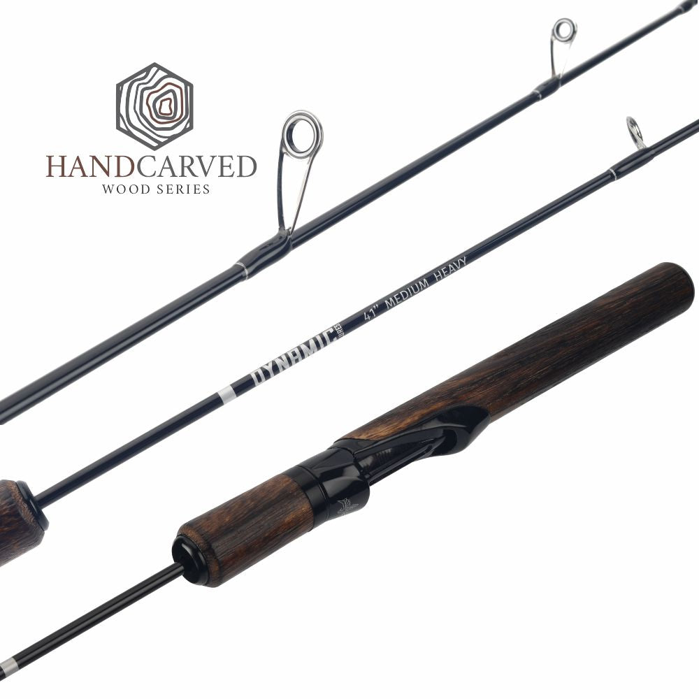 Fishing rod with wooden handle and black components on a white background, featuring 'Handcarved Wood Series' branding.